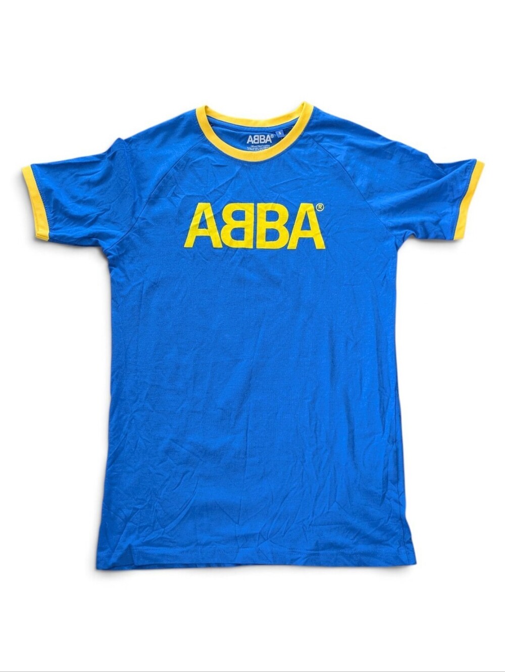 ABBA Official Merchandise Blue Yellow Ringer Tee Flocked Logo Shirt Small